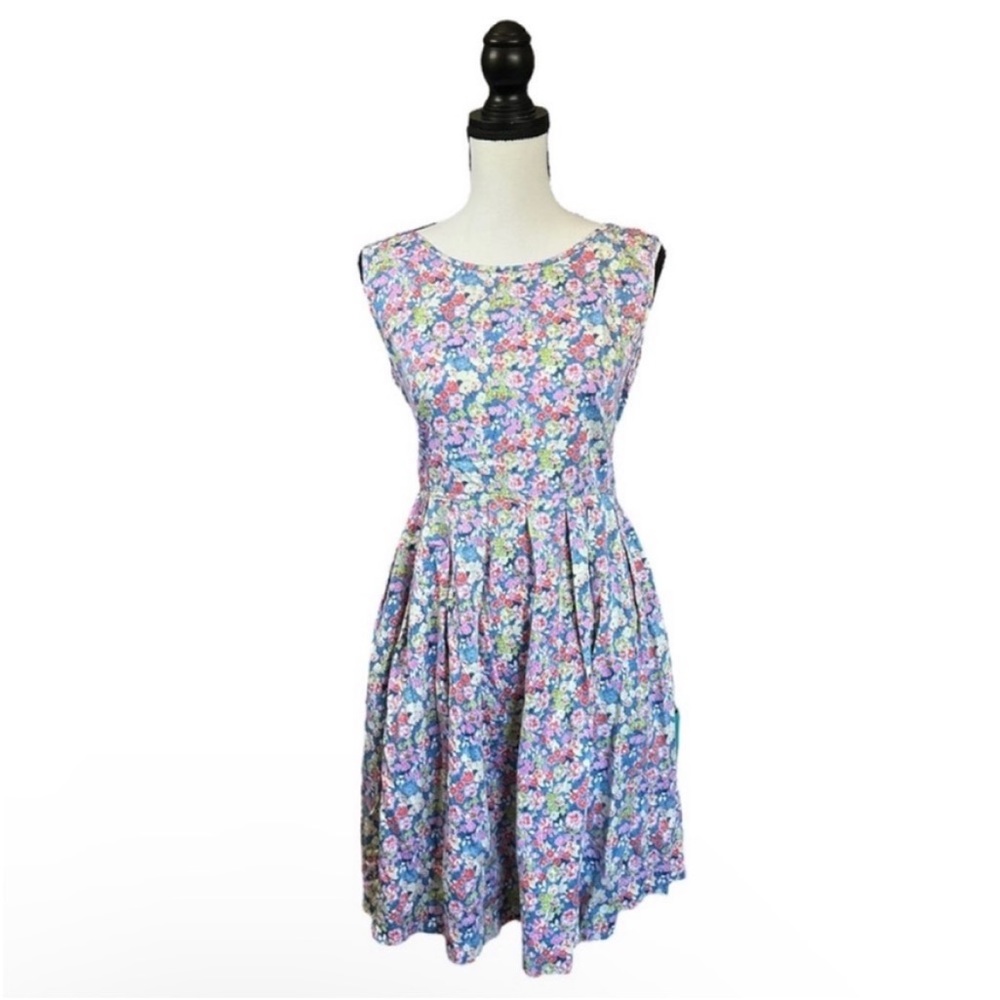 Vintage 90s Colorful Floral Tie Waist Dress Sleeveless Cottagecore Preppy Medium